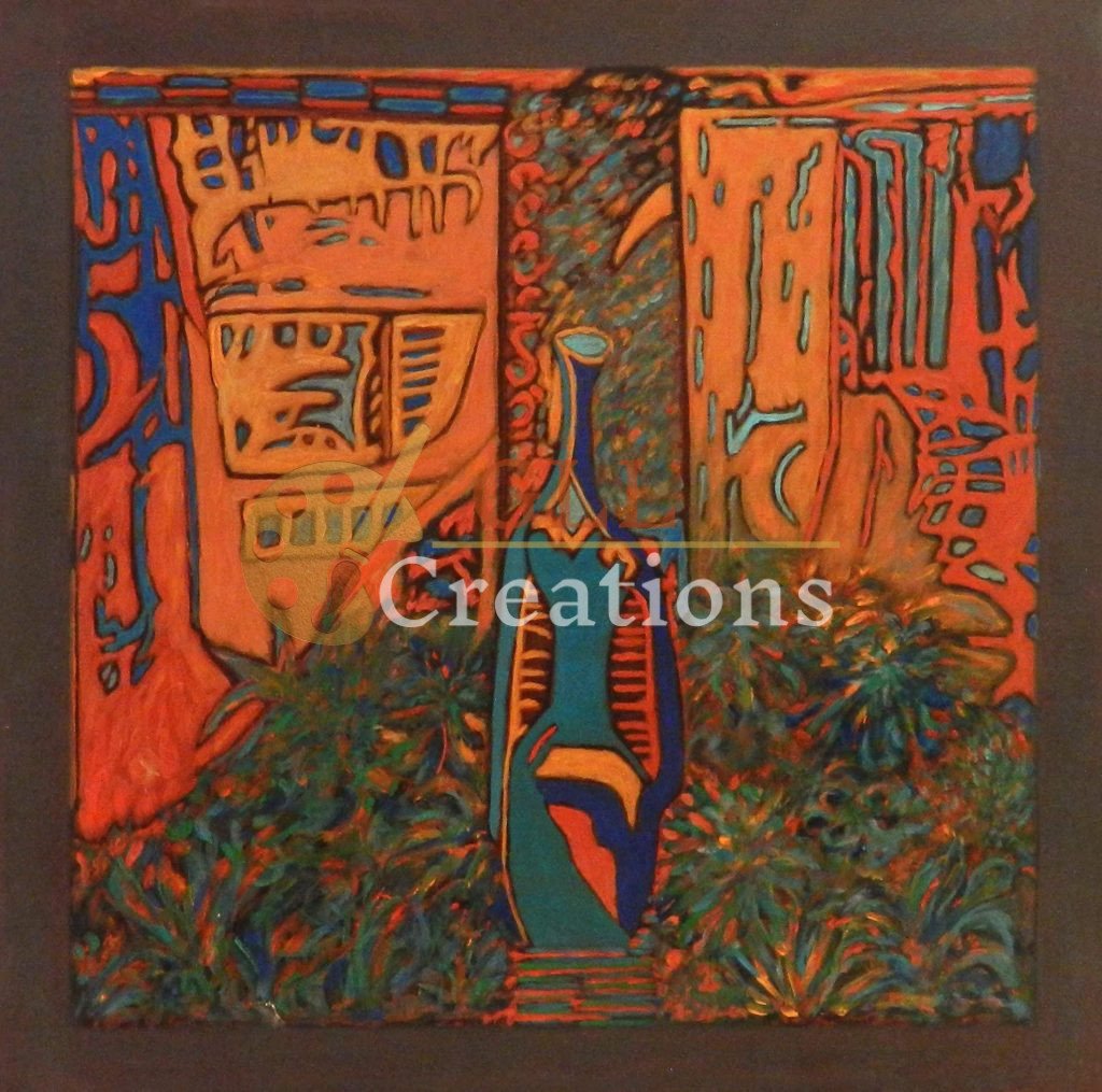Abstract Bottle in a Textured, Colorful Landscape