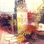 Stylized Clock Tower with European Architecture and Flora