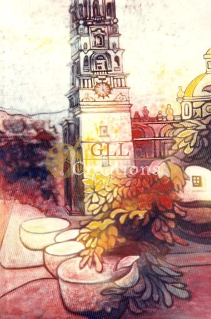 Stylized Clock Tower with European Architecture and Flora