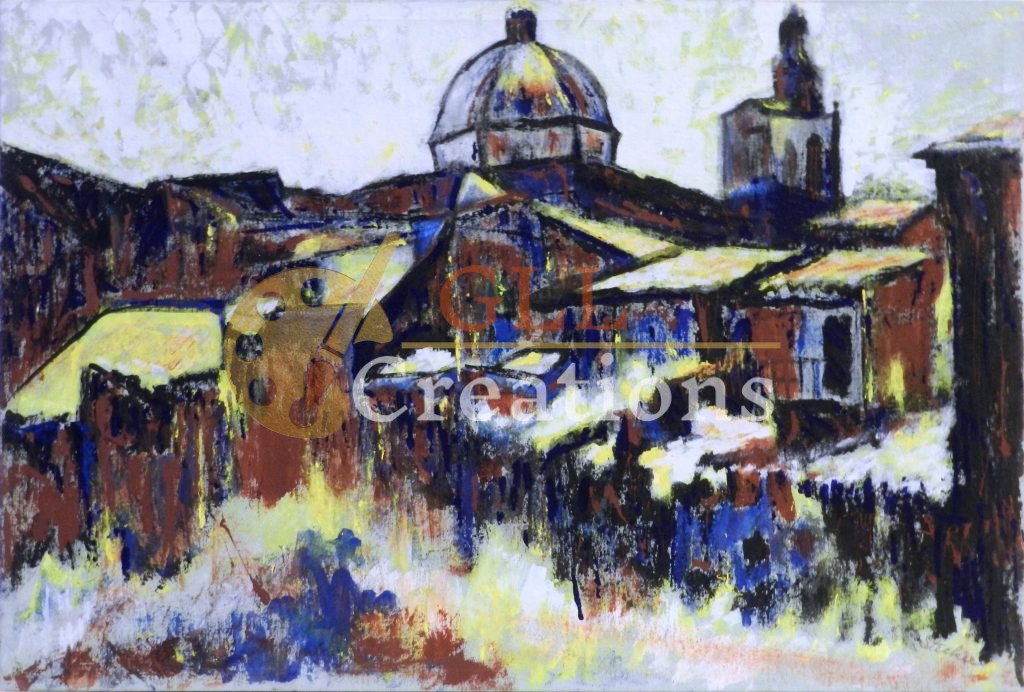 Abstract Cityscape with Domed Church and Tower