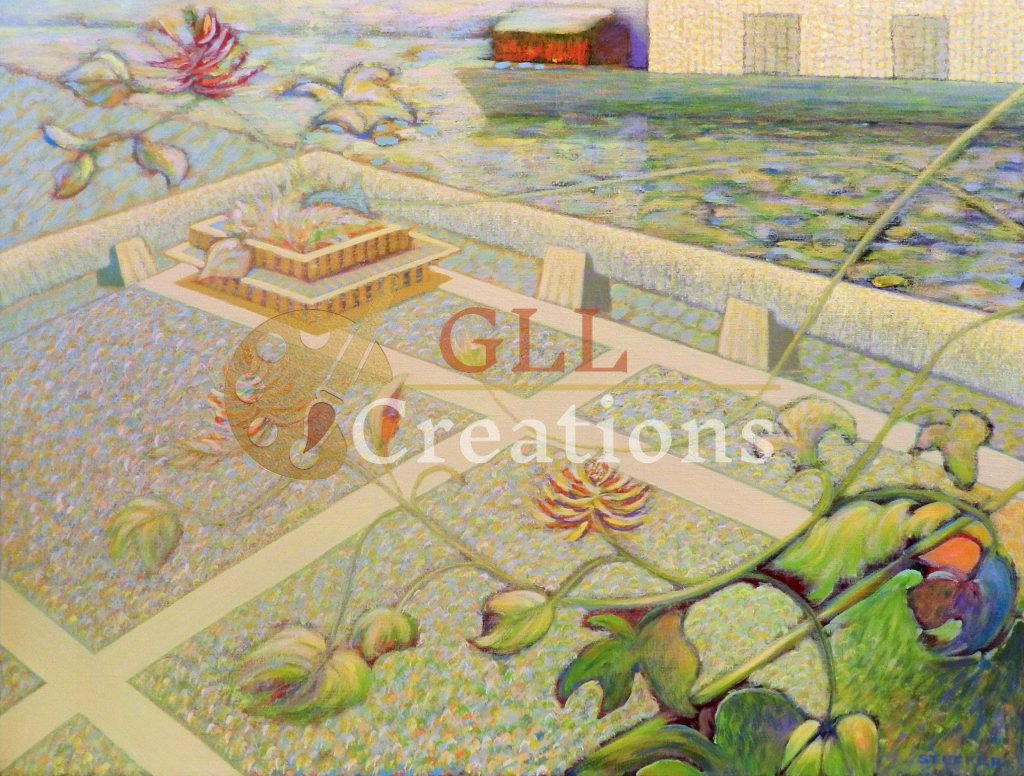 Impressionistic Garden with Pond and Distant Buildings