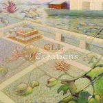 Impressionistic Garden with Pond and Distant Buildings
