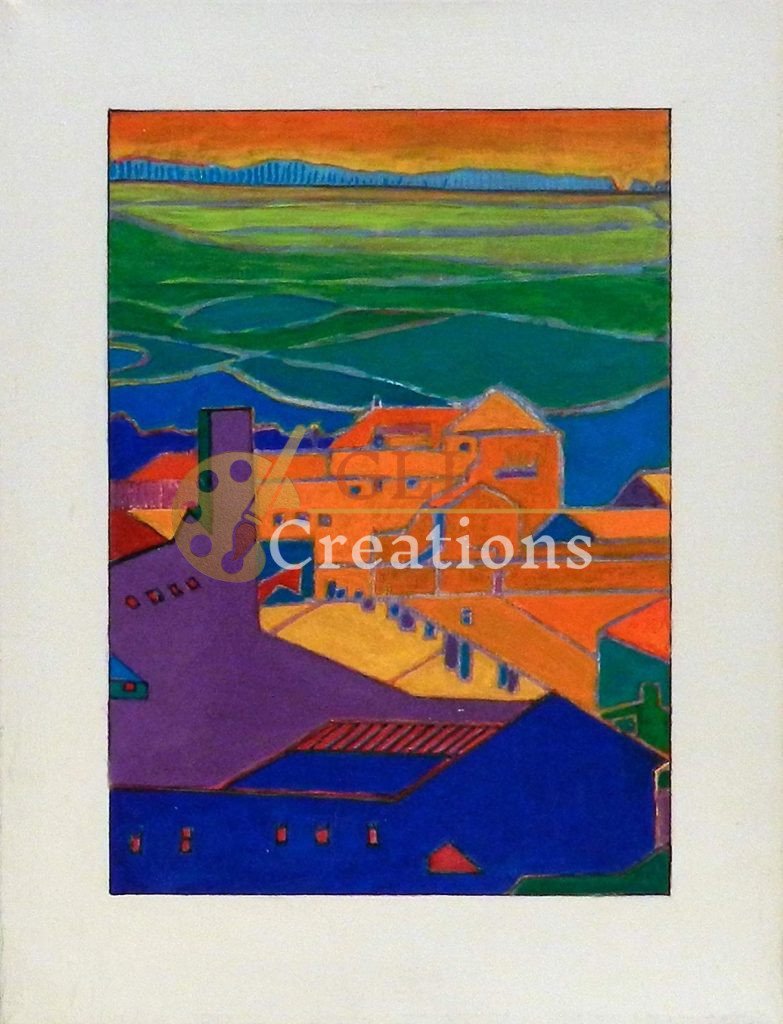 Vibrant Townscape with Distant Fields and Orange Sky