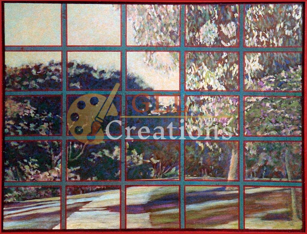 Garden Through a Gridded Pane
